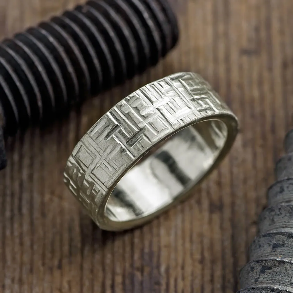8mm, Comfort Fit, 14k White Gold Textured  Mens Wedding Band, Matte Finish