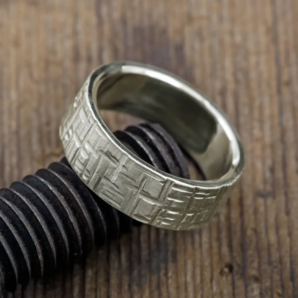 8mm, Comfort Fit, 14k White Gold Textured  Mens Wedding Band, Matte Finish