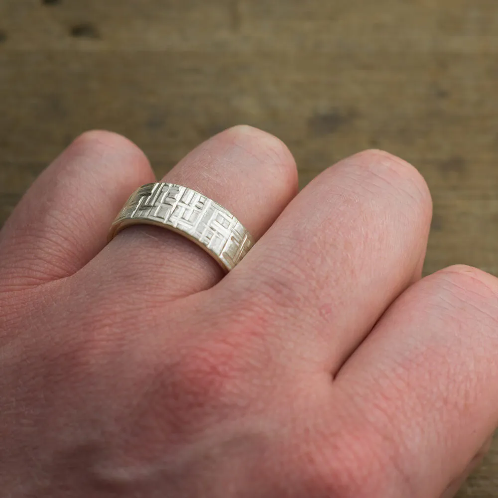 8mm, Comfort Fit, 14k White Gold Textured  Mens Wedding Band, Matte Finish