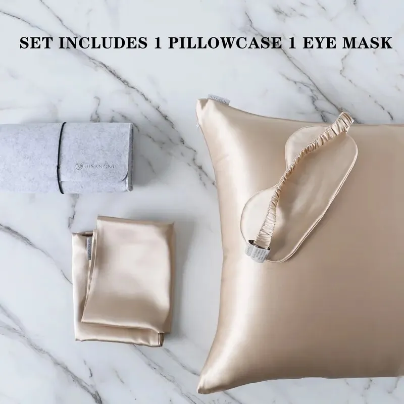 Anyhouz Pillowcase 51x66cm Gold Set with Eye Mask Natural Mulberry Silk for Comfortable and Relaxing Home Bed - Standard Size