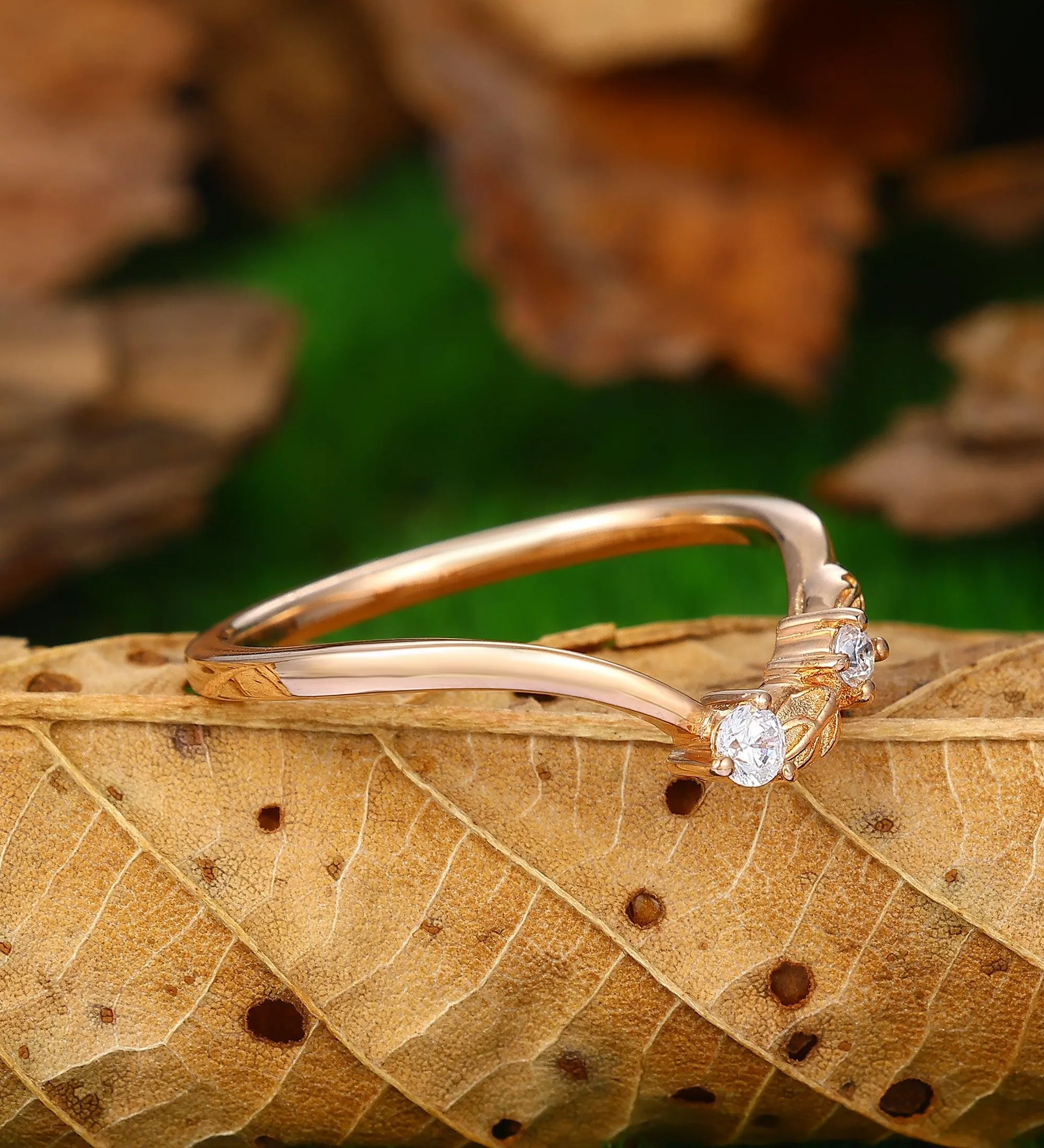 Art Deco Leaf Wedding Band Unique Moissanite Curved Wedding Band Unique Stacking Promise Ring Women