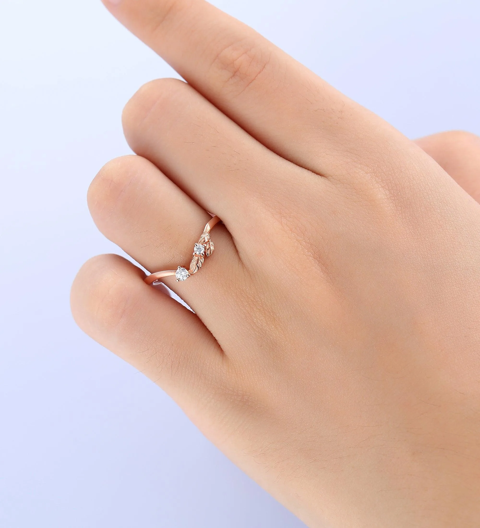 Art Deco Leaf Wedding Band Unique Moissanite Curved Wedding Band Unique Stacking Promise Ring Women