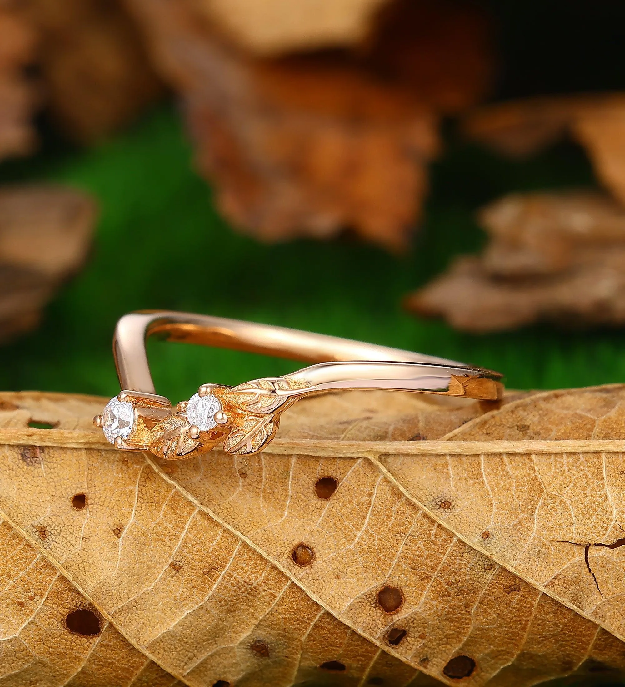 Art Deco Leaf Wedding Band Unique Moissanite Curved Wedding Band Unique Stacking Promise Ring Women