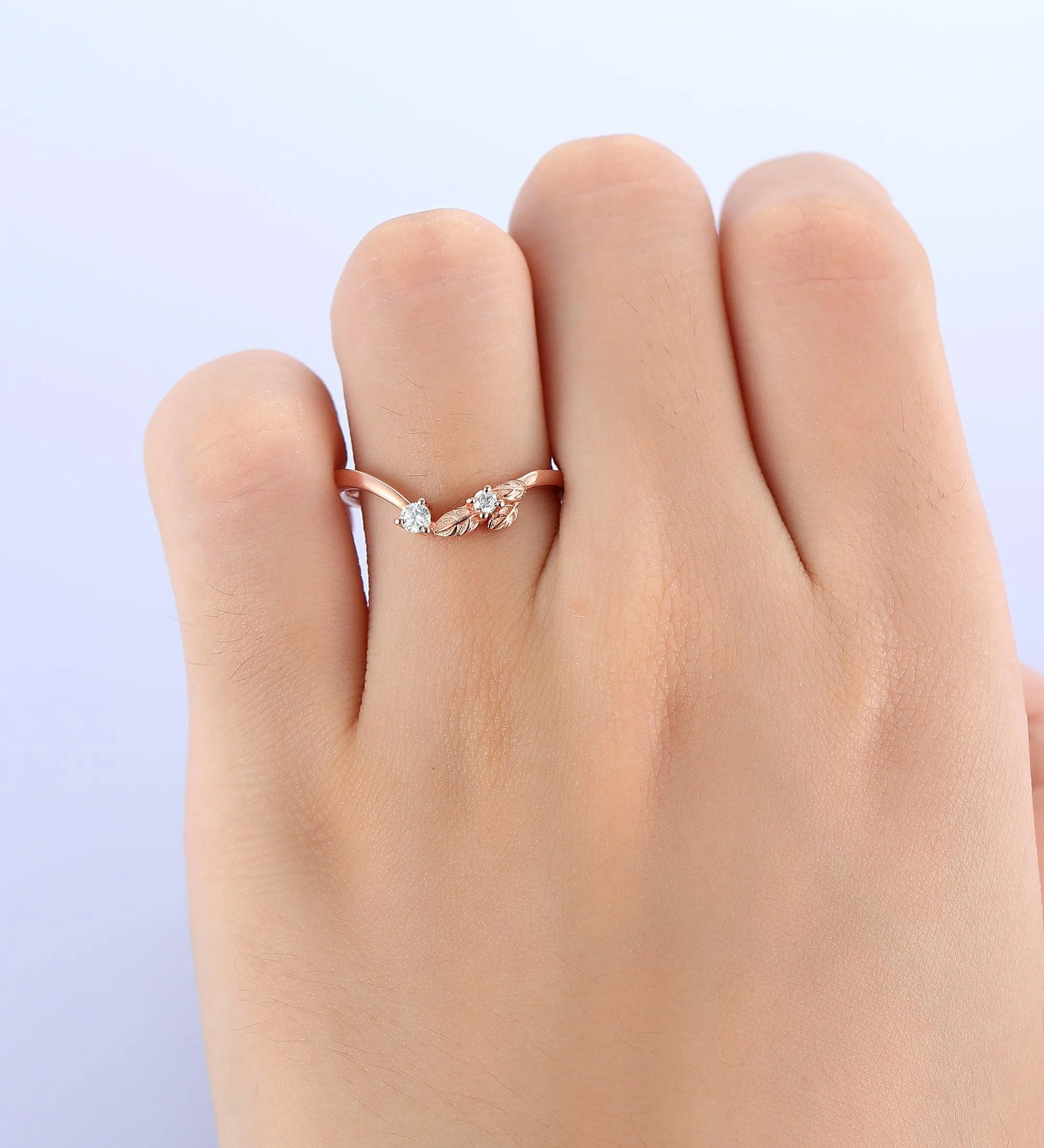 Art Deco Leaf Wedding Band Unique Moissanite Curved Wedding Band Unique Stacking Promise Ring Women