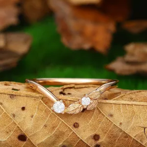 Art Deco Leaf Wedding Band Unique Moissanite Curved Wedding Band Unique Stacking Promise Ring Women