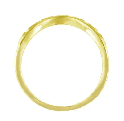 Art Deco Olive Leaves and Engraved Wheat Curved Wedding Band in 14 Karat Yellow Gold