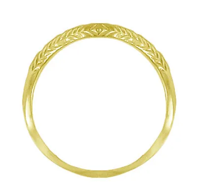 Art Deco Olive Leaves and Engraved Wheat Curved Wedding Band in 14 Karat Yellow Gold
