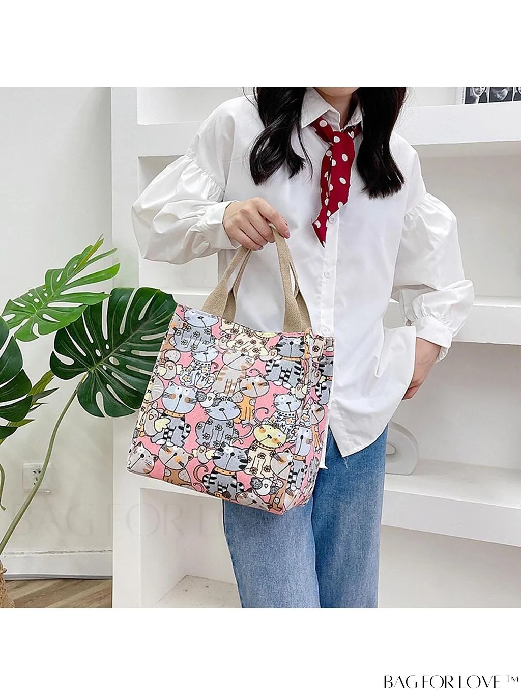 BagForLove - Cute Cat Pattern Double Handle Square Bag for Everyday Use