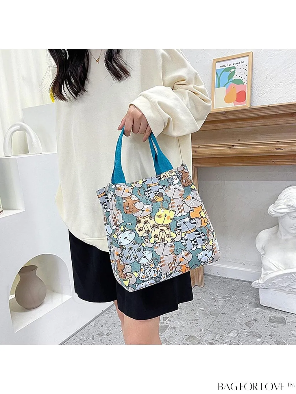 BagForLove - Cute Cat Pattern Double Handle Square Bag for Everyday Use