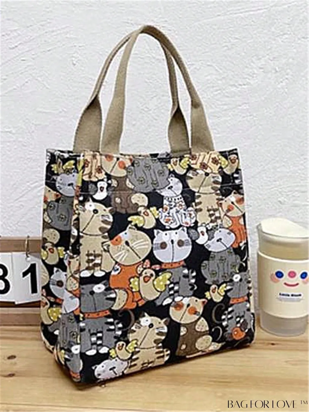 BagForLove - Cute Cat Pattern Double Handle Square Bag for Everyday Use