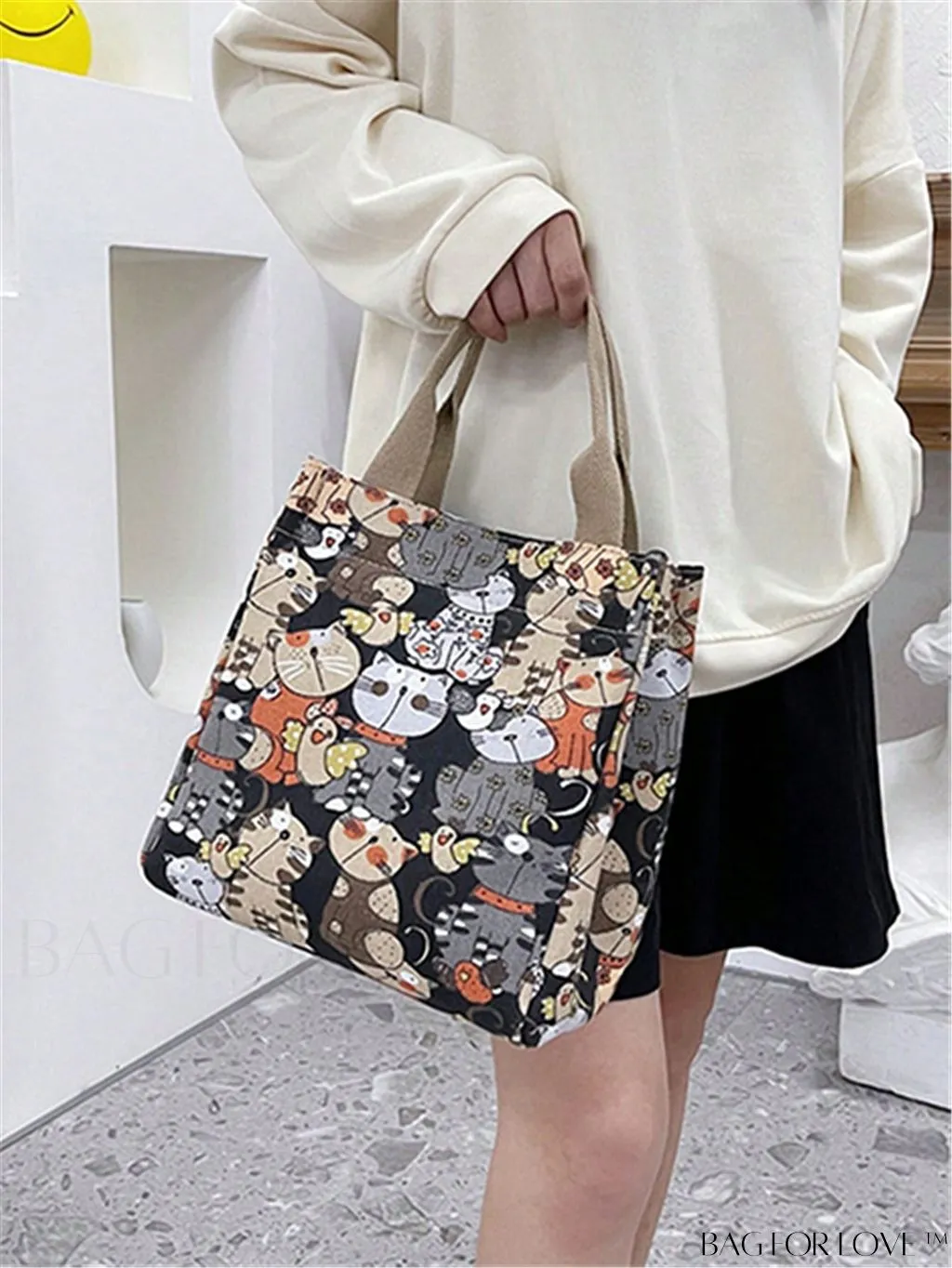 BagForLove - Cute Cat Pattern Double Handle Square Bag for Everyday Use
