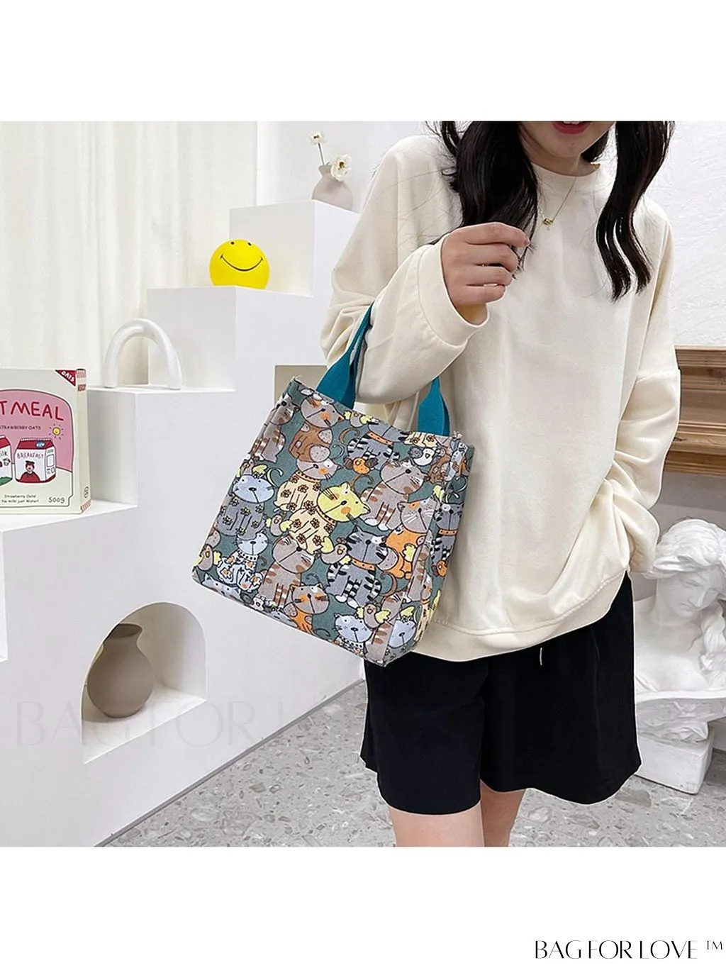 BagForLove - Cute Cat Pattern Double Handle Square Bag for Everyday Use