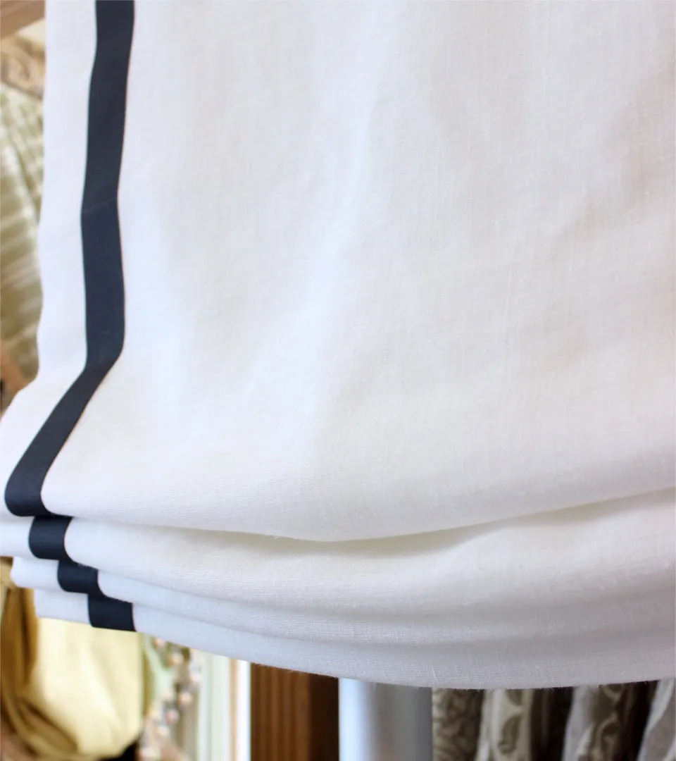 Black Bordered White 100% Natural Linen Relaxed Roman Shade/CL1010