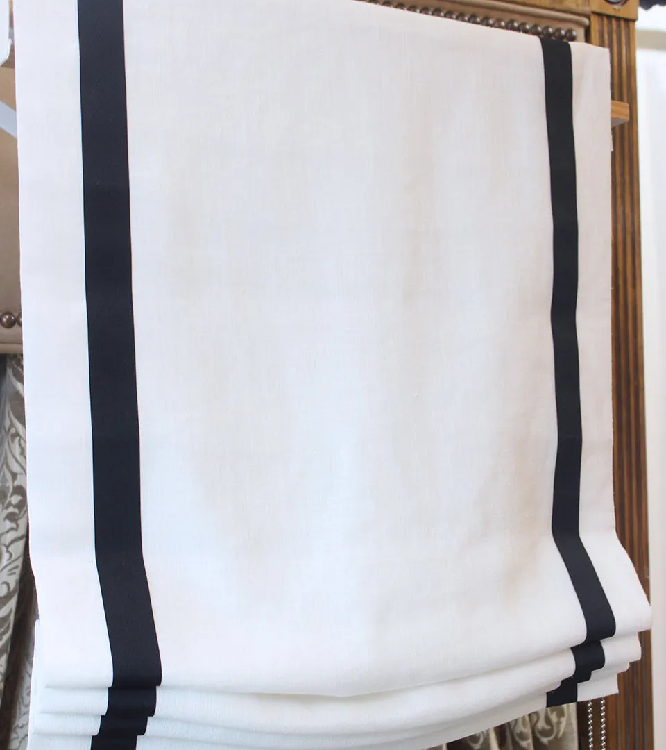 Black Bordered White 100% Natural Linen Relaxed Roman Shade/CL1010