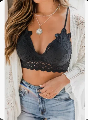 Black Padded Crochet Lace Longline Bralette
