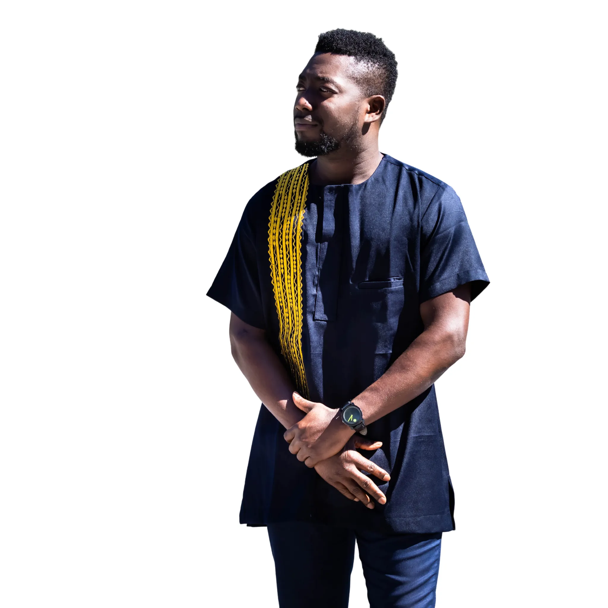 Blue short sleeve with gold embroidered shirt