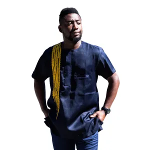 Blue short sleeve with gold embroidered shirt