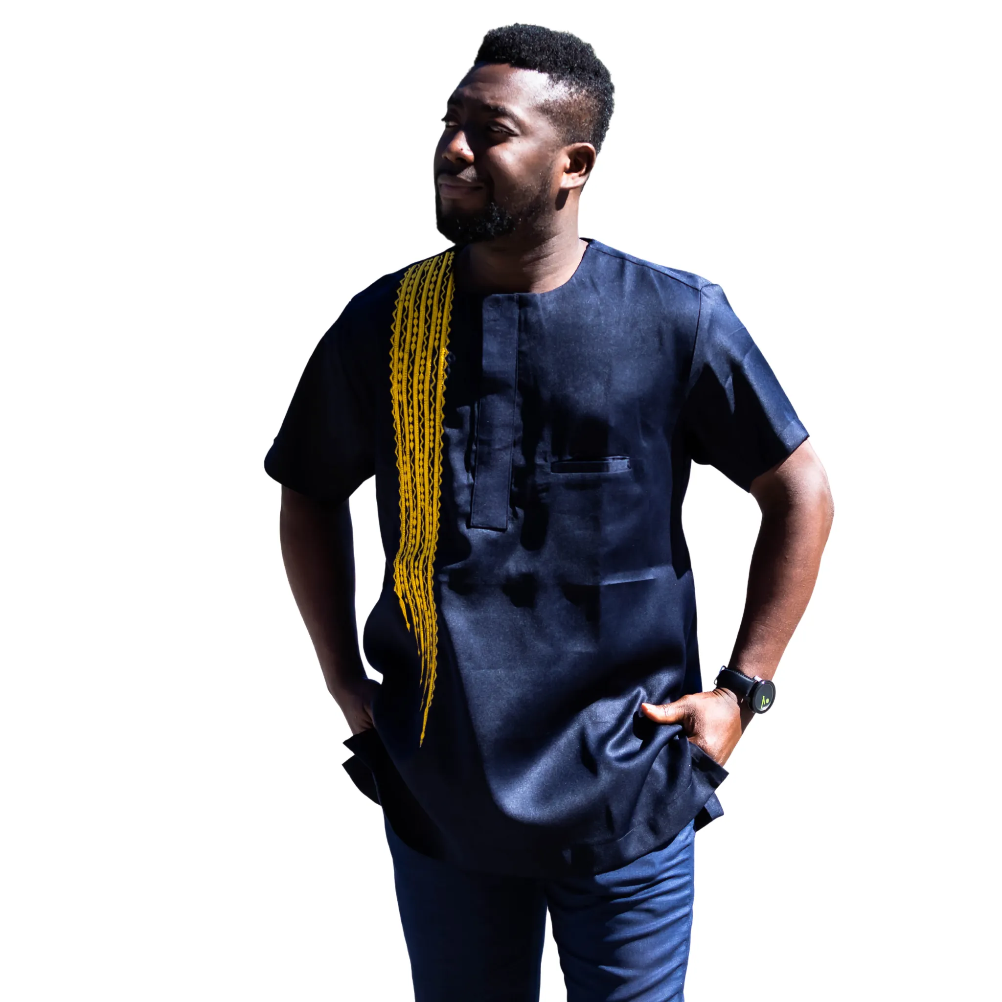 Blue short sleeve with gold embroidered shirt