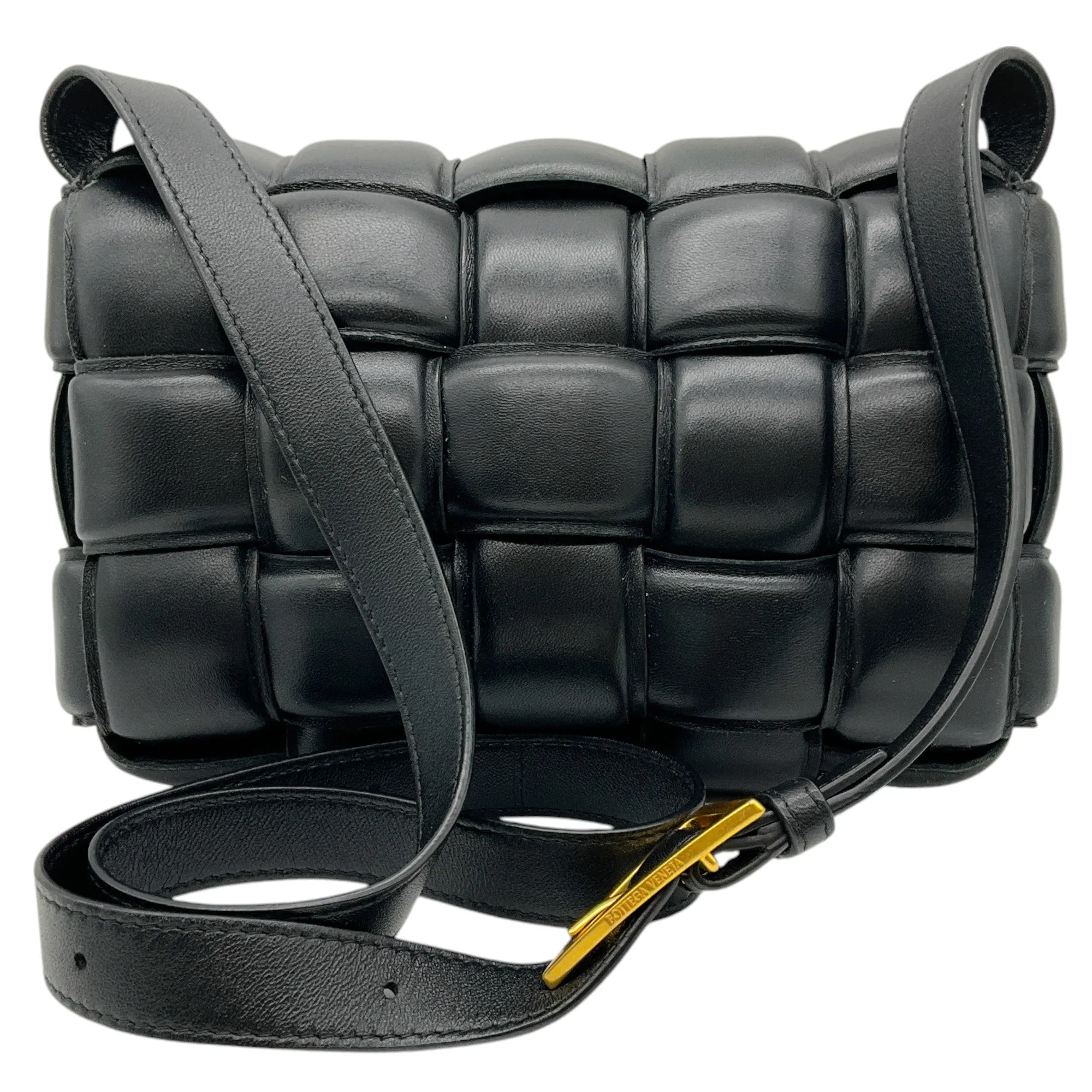 Bottega Veneta Black Leather Medium Padded Cassette Intrecciato Shoulder Bag