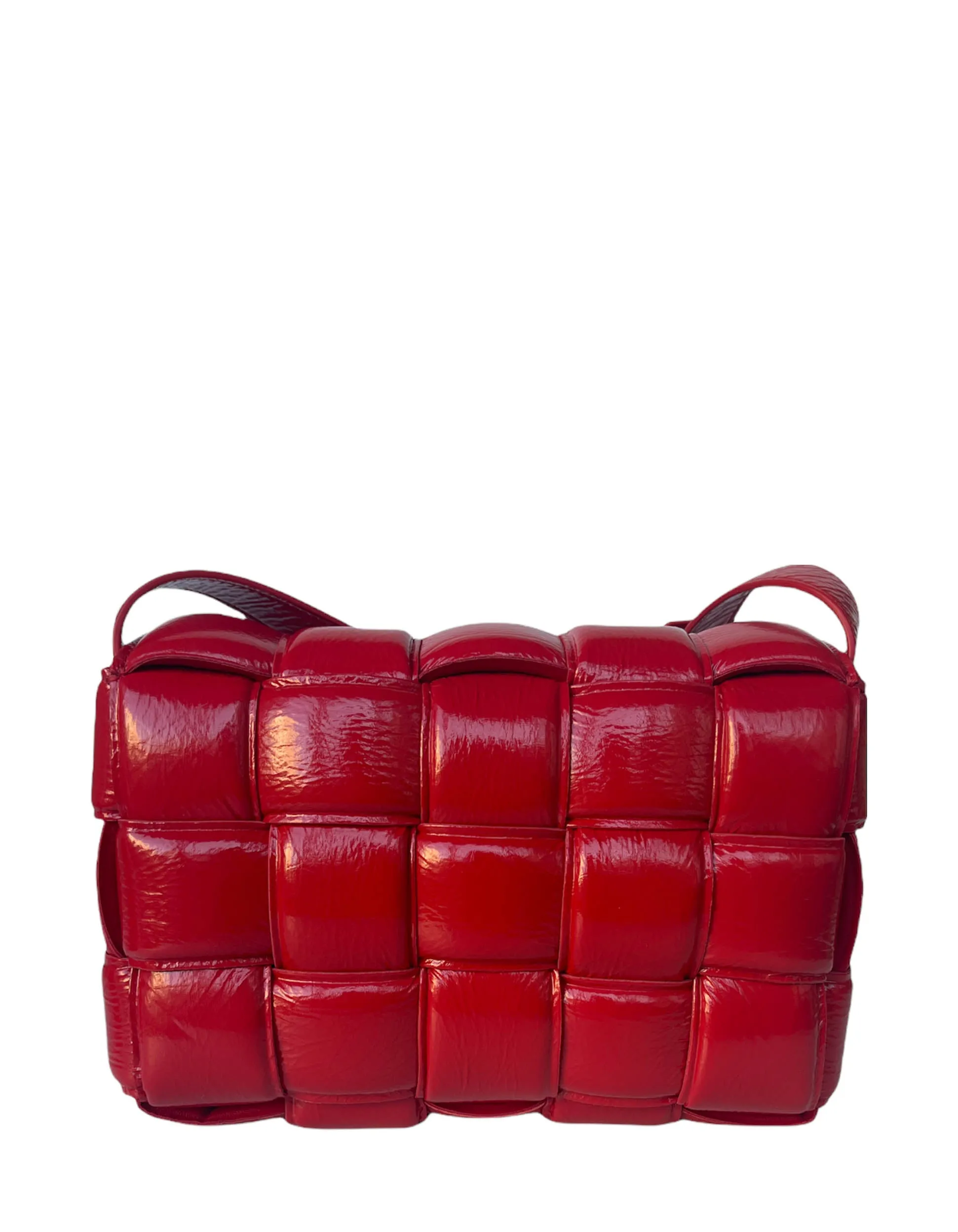 Bottega Veneta Red Patent Maxi Intrecciato Padded Cassette Crossbody Bag