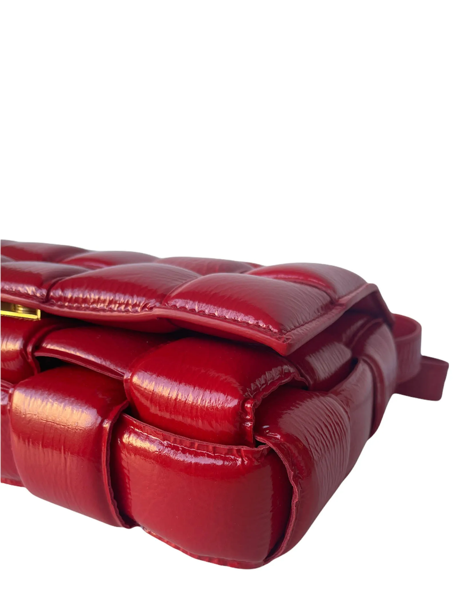 Bottega Veneta Red Patent Maxi Intrecciato Padded Cassette Crossbody Bag