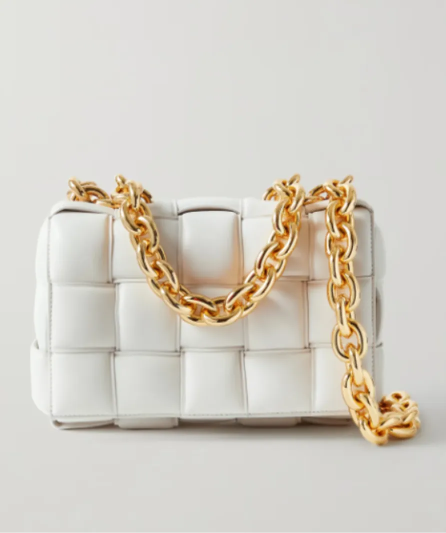 BOTTEGA VENETA White Cassette Chain-embellished Padded Intrecciato Leather Shoulder Bag