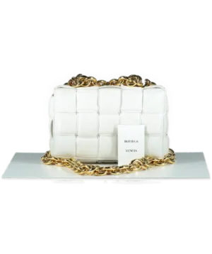 BOTTEGA VENETA White Cassette Chain-embellished Padded Intrecciato Leather Shoulder Bag