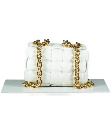 BOTTEGA VENETA White Cassette Chain-embellished Padded Intrecciato Leather Shoulder Bag
