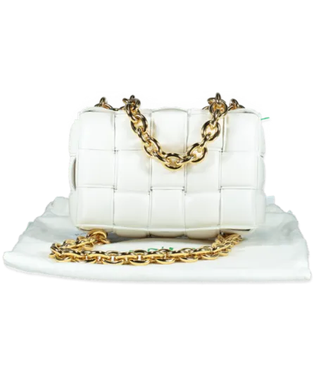 BOTTEGA VENETA White Cassette Chain-embellished Padded Intrecciato Leather Shoulder Bag