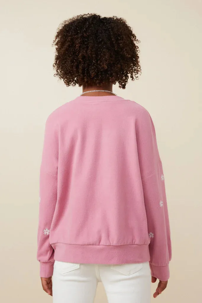 Brushed Textured Floral Embroidered Sweatshirt
