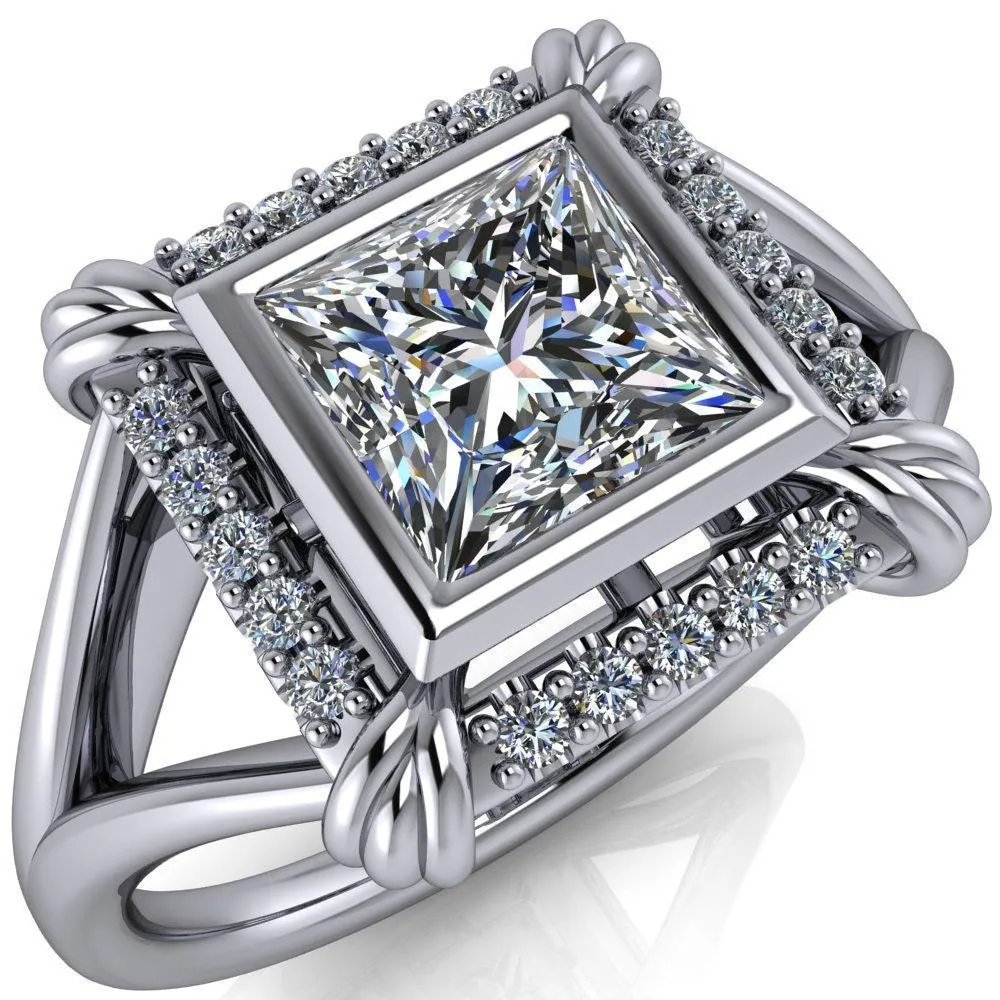 Caldwell Princess/Square Moissanite Bezel Set Diamond Halo Split Shank Engagement Ring
