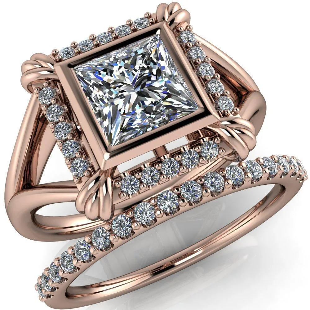 Caldwell Princess/Square Moissanite Bezel Set Diamond Halo Split Shank Engagement Ring