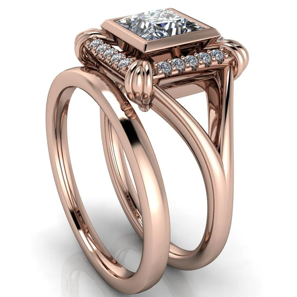 Caldwell Princess/Square Moissanite Bezel Set Diamond Halo Split Shank Engagement Ring