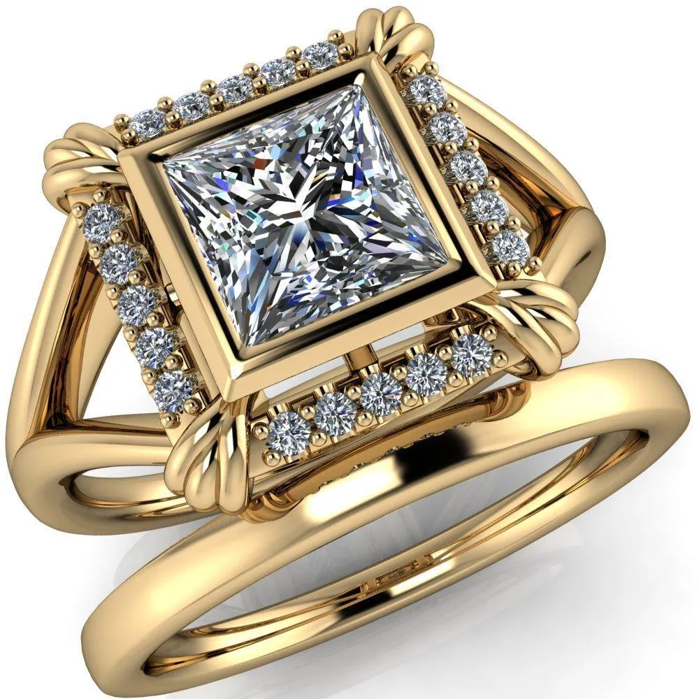 Caldwell Princess/Square Moissanite Bezel Set Diamond Halo Split Shank Engagement Ring