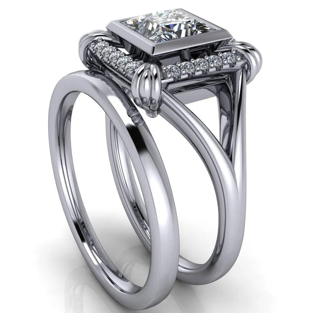 Caldwell Princess/Square Moissanite Bezel Set Diamond Halo Split Shank Engagement Ring