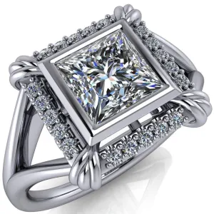 Caldwell Princess/Square Moissanite Bezel Set Diamond Halo Split Shank Engagement Ring