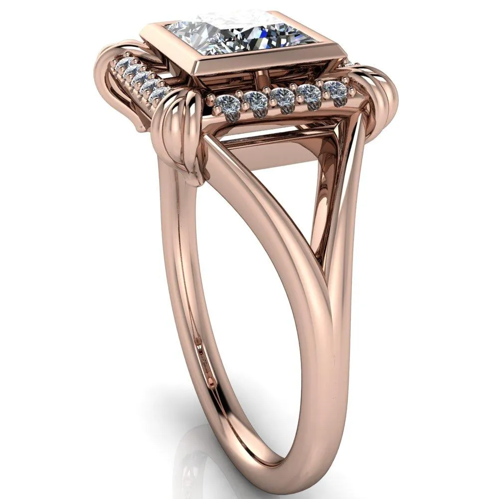 Caldwell Princess/Square Moissanite Bezel Set Diamond Halo Split Shank Engagement Ring