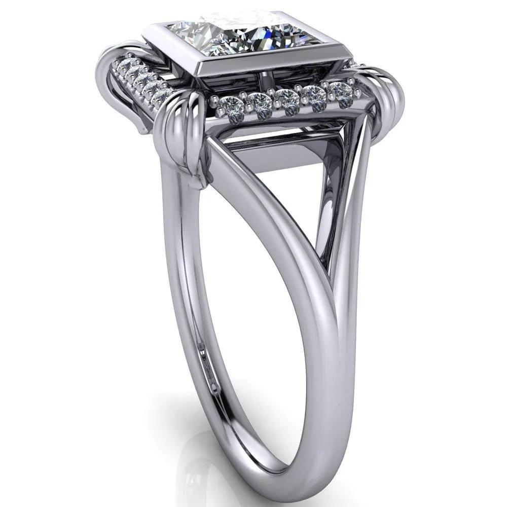Caldwell Princess/Square Moissanite Bezel Set Diamond Halo Split Shank Engagement Ring