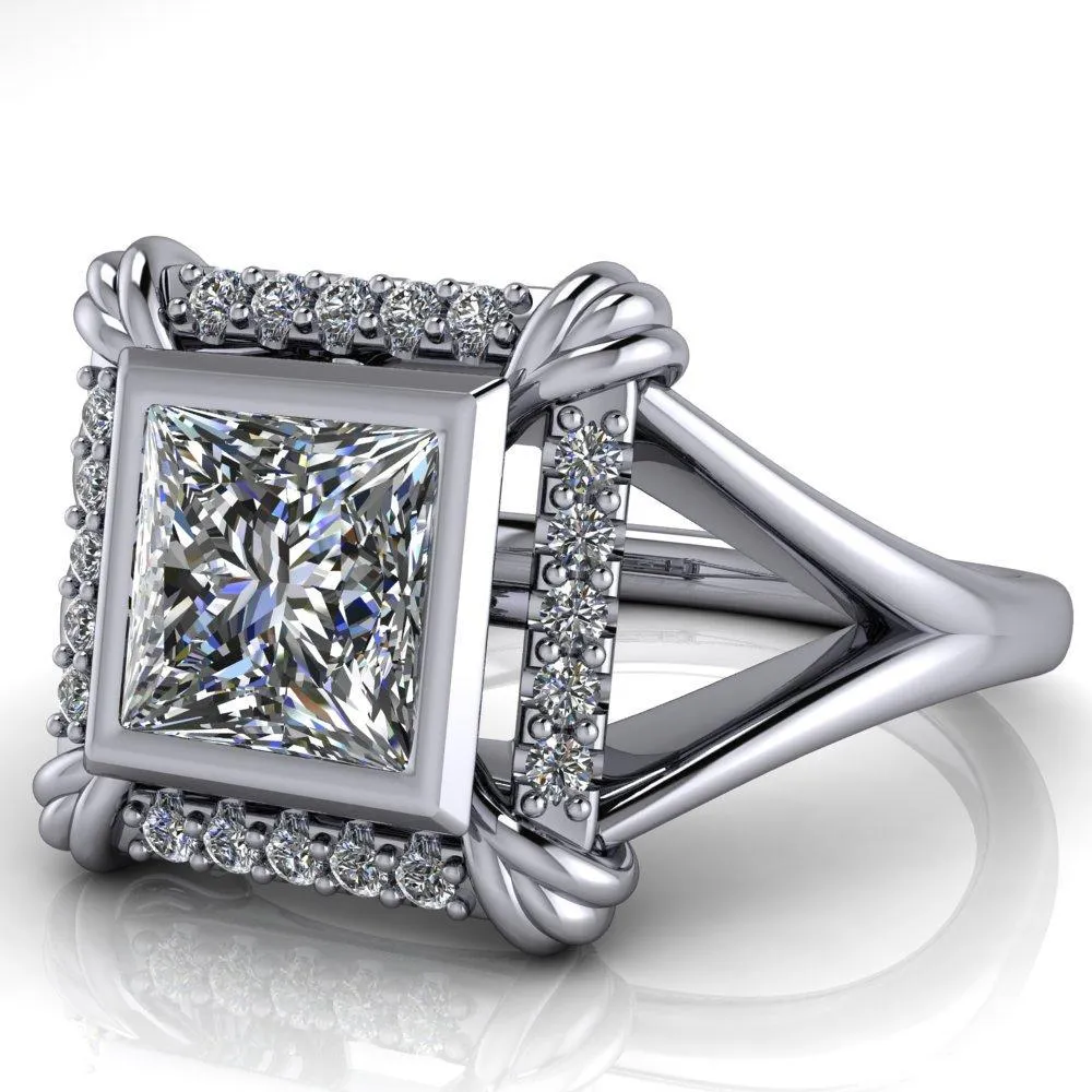 Caldwell Princess/Square Moissanite Bezel Set Diamond Halo Split Shank Engagement Ring
