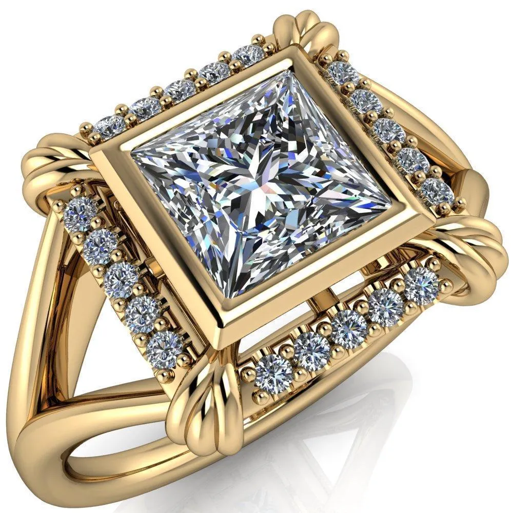 Caldwell Princess/Square Moissanite Bezel Set Diamond Halo Split Shank Engagement Ring