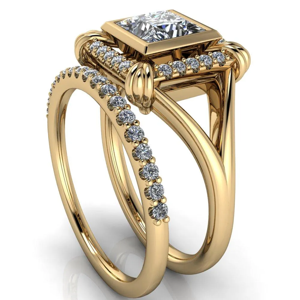 Caldwell Princess/Square Moissanite Bezel Set Diamond Halo Split Shank Engagement Ring