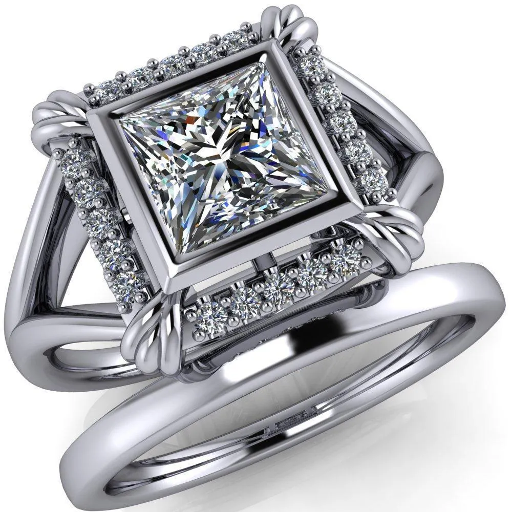 Caldwell Princess/Square Moissanite Bezel Set Diamond Halo Split Shank Engagement Ring
