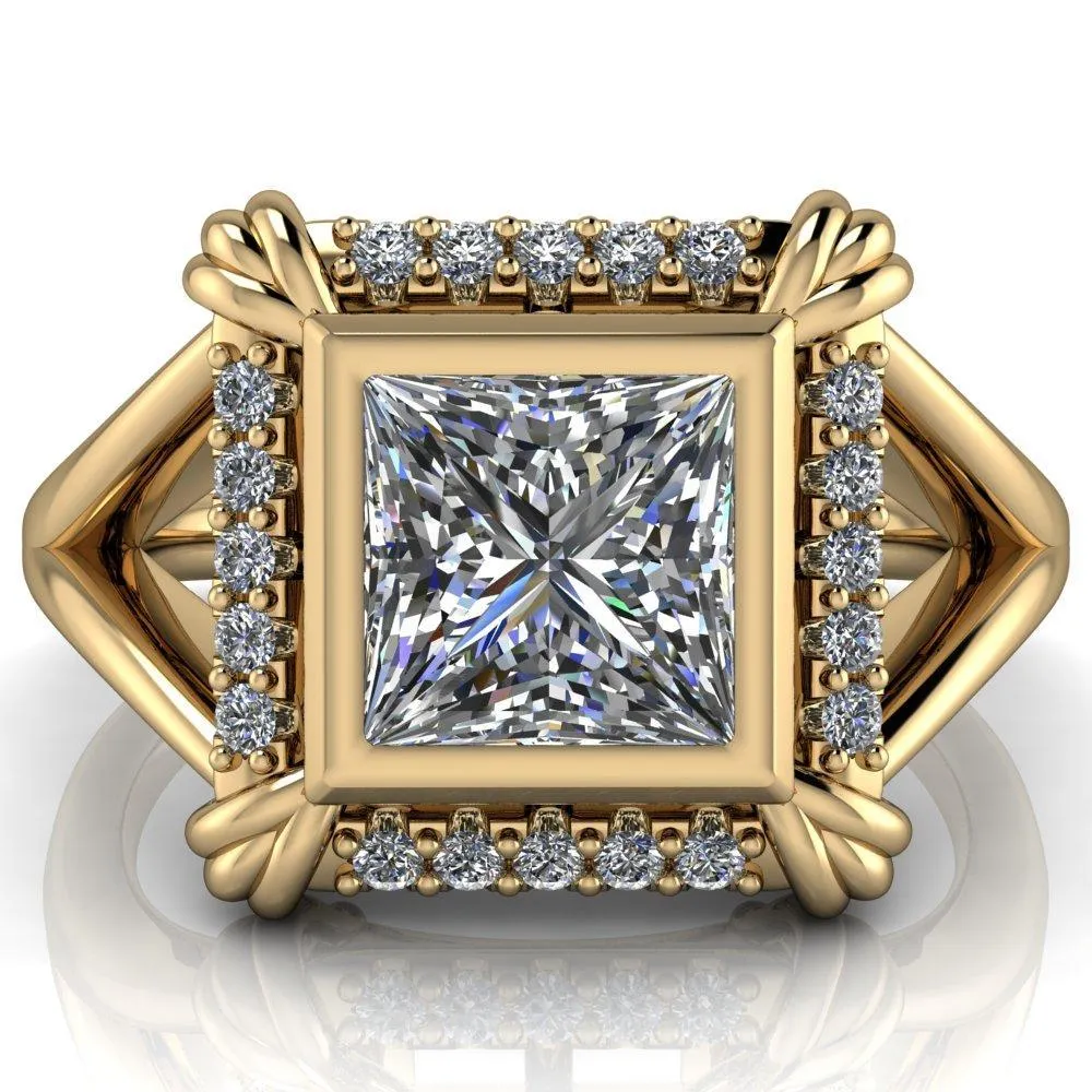 Caldwell Princess/Square Moissanite Bezel Set Diamond Halo Split Shank Engagement Ring