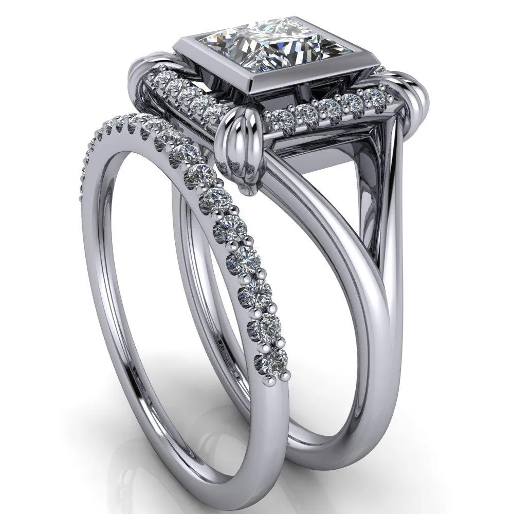 Caldwell Princess/Square Moissanite Bezel Set Diamond Halo Split Shank Engagement Ring