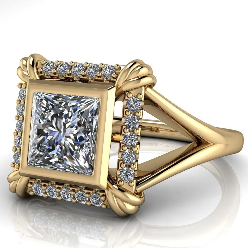 Caldwell Princess/Square Moissanite Bezel Set Diamond Halo Split Shank Engagement Ring