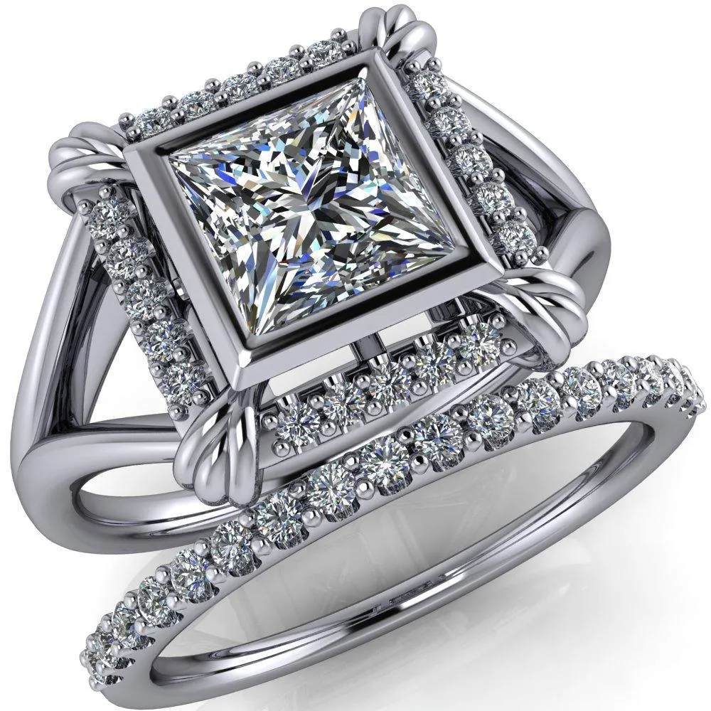 Caldwell Princess/Square Moissanite Bezel Set Diamond Halo Split Shank Engagement Ring