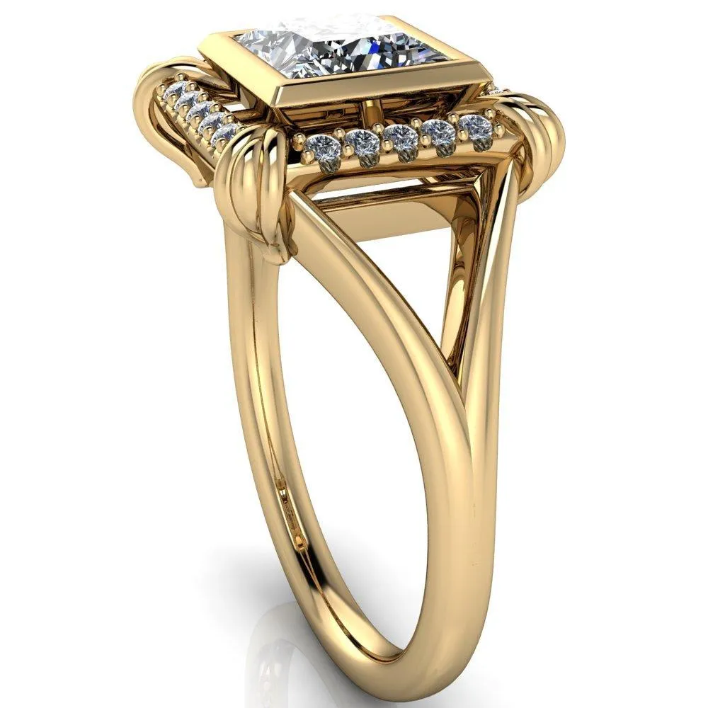 Caldwell Princess/Square Moissanite Bezel Set Diamond Halo Split Shank Engagement Ring