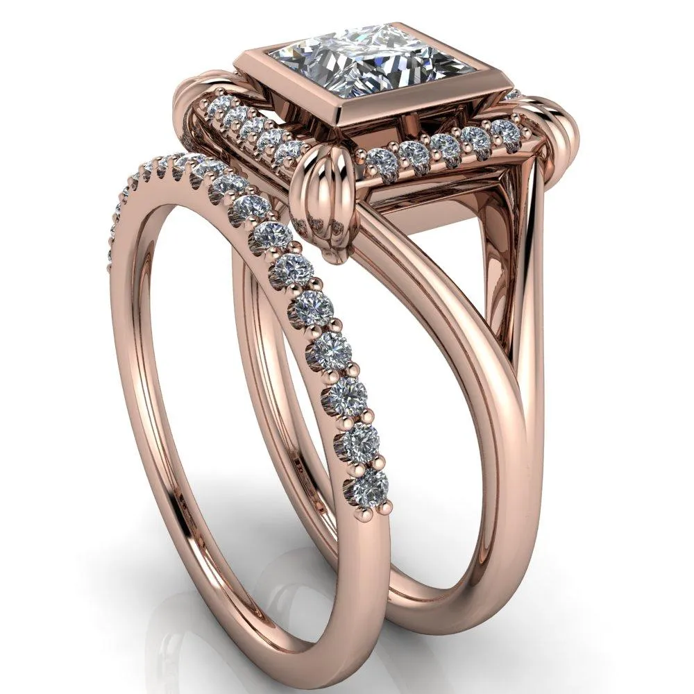 Caldwell Princess/Square Moissanite Bezel Set Diamond Halo Split Shank Engagement Ring
