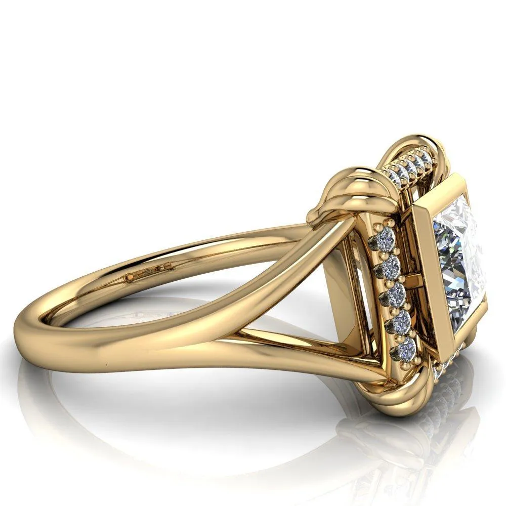 Caldwell Princess/Square Moissanite Bezel Set Diamond Halo Split Shank Engagement Ring