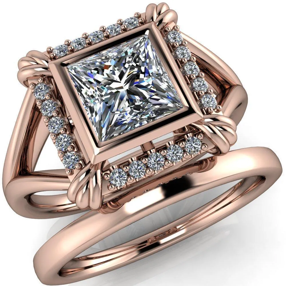 Caldwell Princess/Square Moissanite Bezel Set Diamond Halo Split Shank Engagement Ring